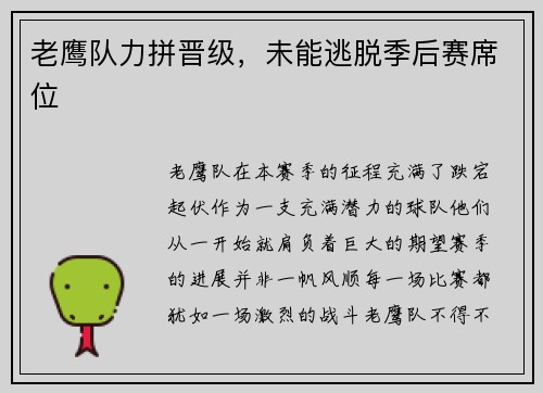 老鹰队力拼晋级，未能逃脱季后赛席位